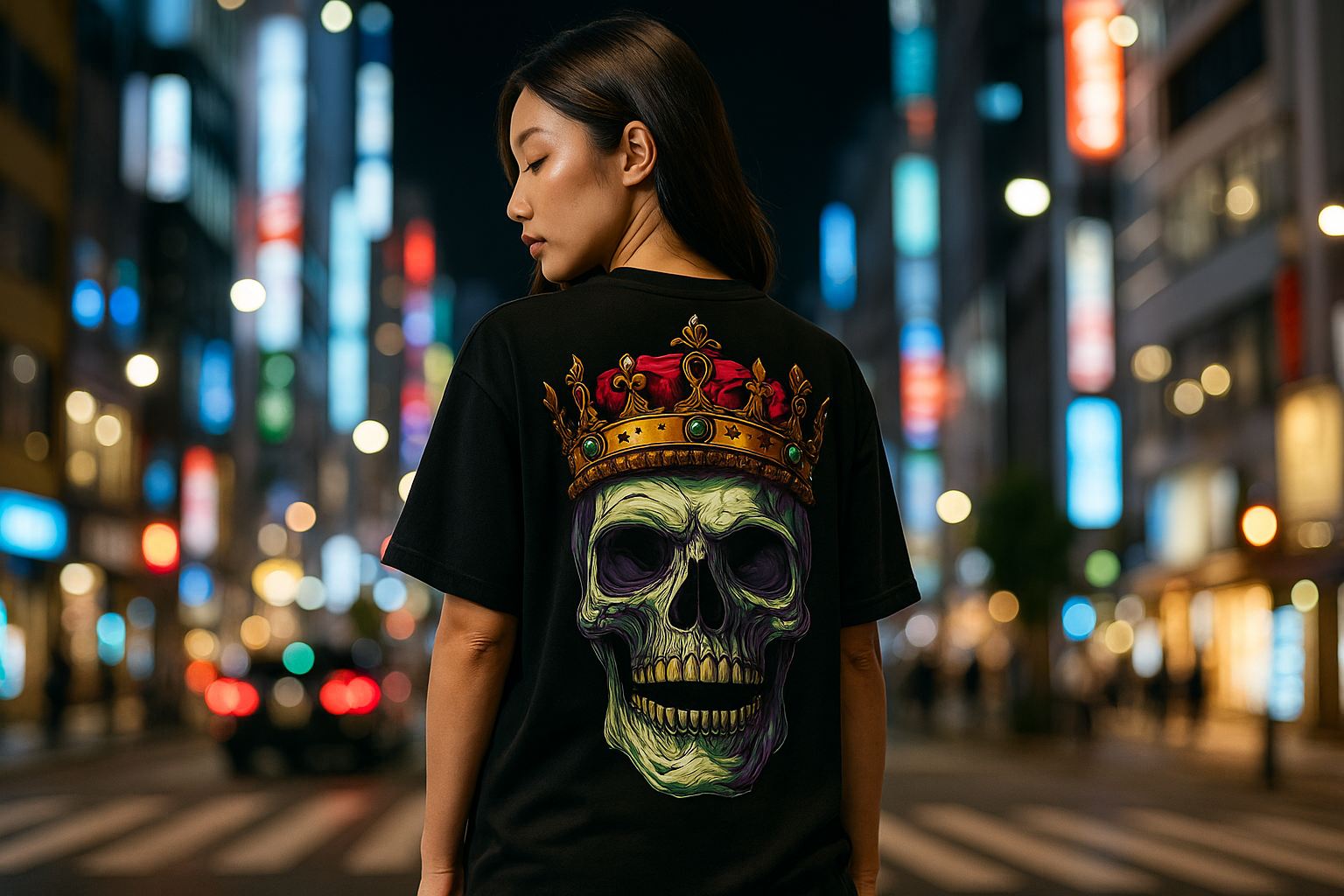 Modelo de costas numa rua da cidade à noite, vestindo camiseta preta com estampa de caveira com coroa