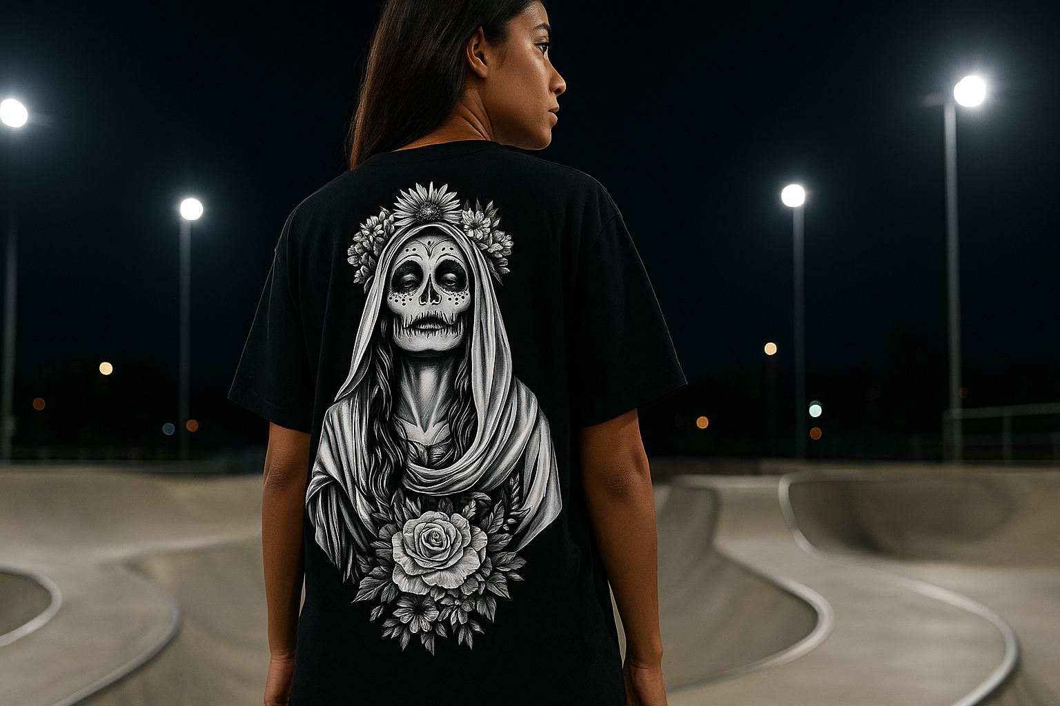 Modelo de costas numa pista de skate à noite, vestindo camiseta preta com estampa de caveira mexicana com flores