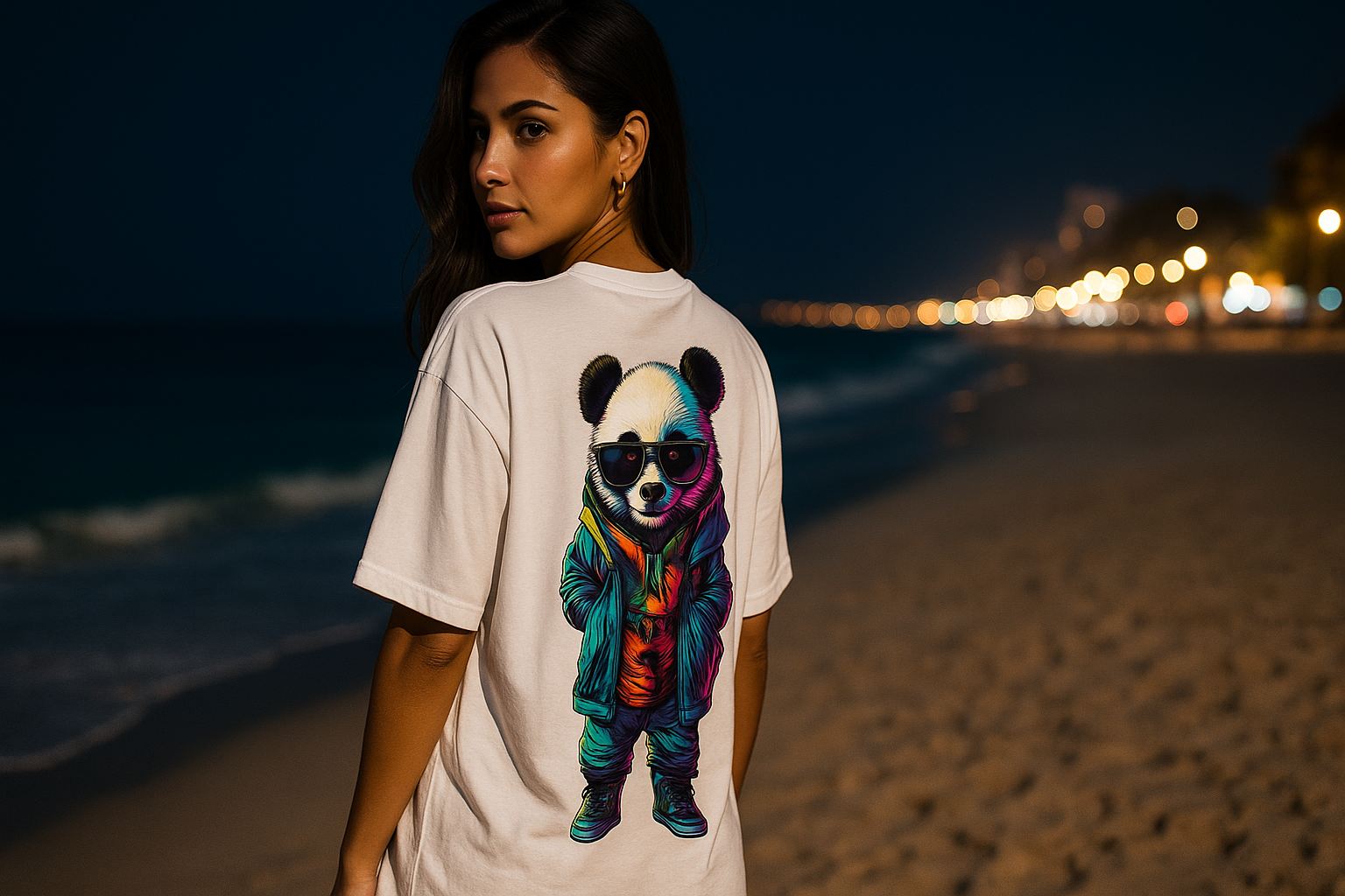 Modelo na praia à noite, vestindo camiseta off-white com estampa de panda colorido de óculos escuros