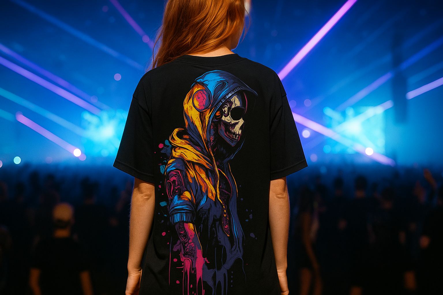 Modelo de costas num show com luzes azuis, vestindo camiseta preta com estampa de caveira de capuz colorida